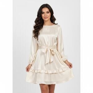 Tacera Satin Champagne Cream Leopard Print Dress XL Ruffle Long Sleeve Classy